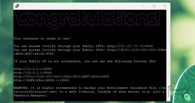 خروجی نصب
coolify