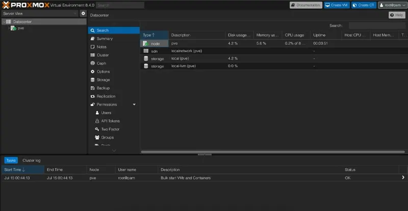 پیشخوان مدیریت proxmox